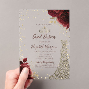 Gold Diamonds Dress Dark Red Roses Sweet 16 Acrylic Invitations