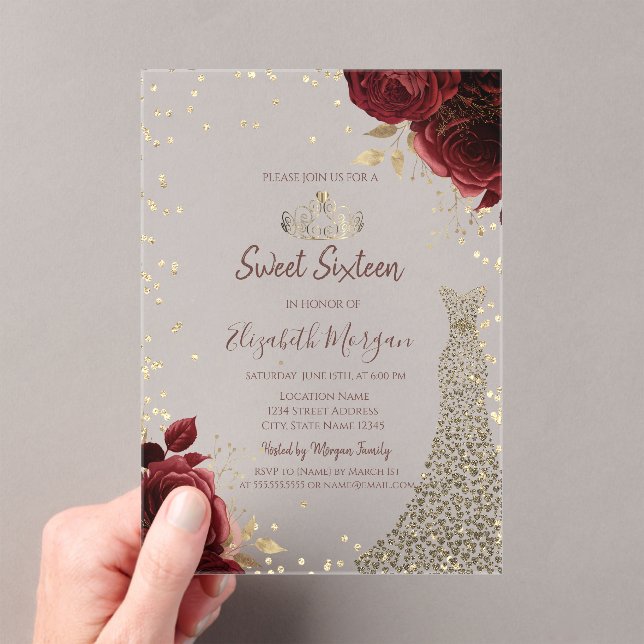 Gold Diamonds Dress Dark Red Roses Sweet 16 Acrylic Invitations (Insitu (Handheld))