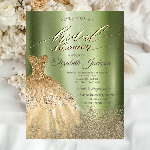  Gold Diamonds Dress Light Green Bridal Shower  Invitation