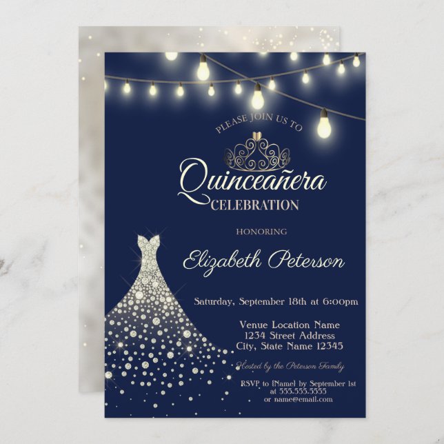 Gold Diamonds Dress Quinceañera Invitation (Front/Back)