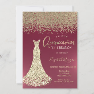 Gold Diamonds Dress Red Quinceanera Invitation