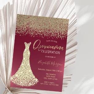 Gold Diamonds Dress Red Quinceanera Invitation