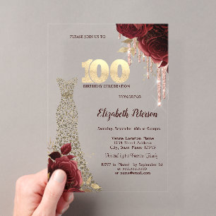 Gold Diamonds Dress Red Roses 100th Birthday Acrylic Invitations