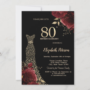 Gold Diamonds Dress Red Roses Black 80th Birthday Invitation