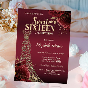 Gold Diamonds Dress Red Roses Sweet 16  Invitation