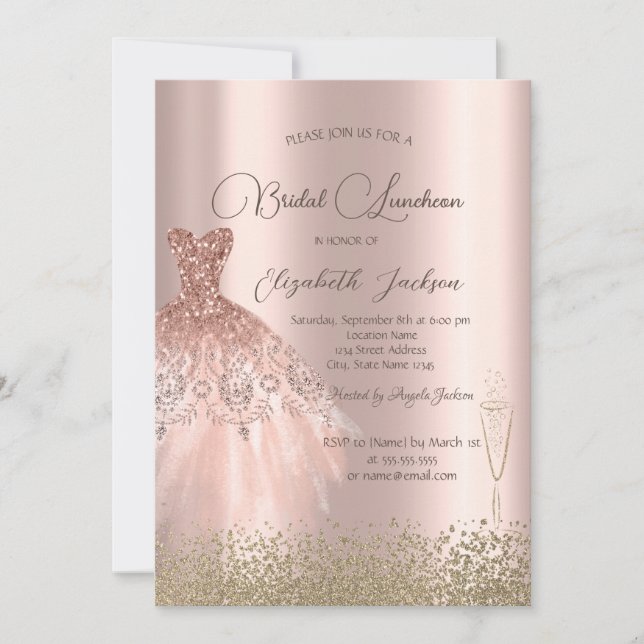 Gold Diamonds Dress Rose Gold Bridal Luncheon Invitation (Front)