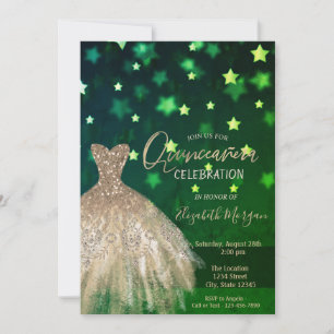 Gold Diamonds, Dress Stars Green Quinceañera Invitation