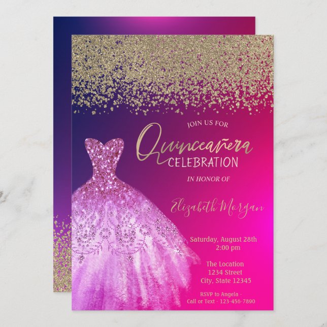 Gold Diamonds,Elegant Chic Dress  Quinceañera Invitation (Front/Back)