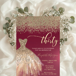 Gold Diamonds,Elegant Dress Burgundy 30th Birthday Invitation
