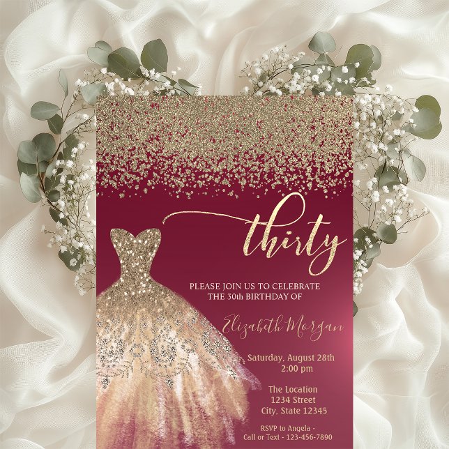 Gold Diamonds,Elegant Dress Burgundy 30th Birthday Invitation (Creator Uploaded)