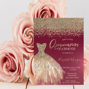 Gold Diamonds,Elegant Dress Burgundy Quinceanera Invitation