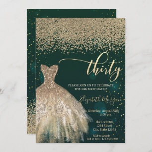 Gold Diamonds,Elegant Dress Green 30th Birthday Invitation