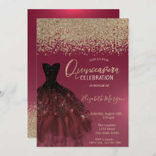 Gold Diamonds,Elegant Dress Red Quinceanera Invitation