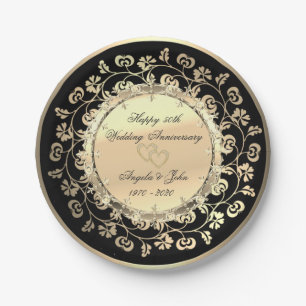 Gold Diamonds Floral 50th Wedding Anniversar Paper Plate