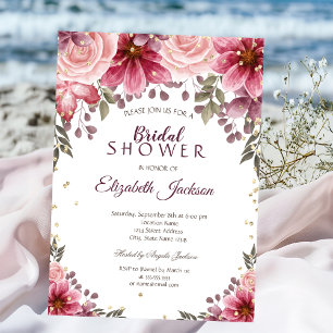 Gold Diamonds Floral Burgundy Bridal Shower Invitation