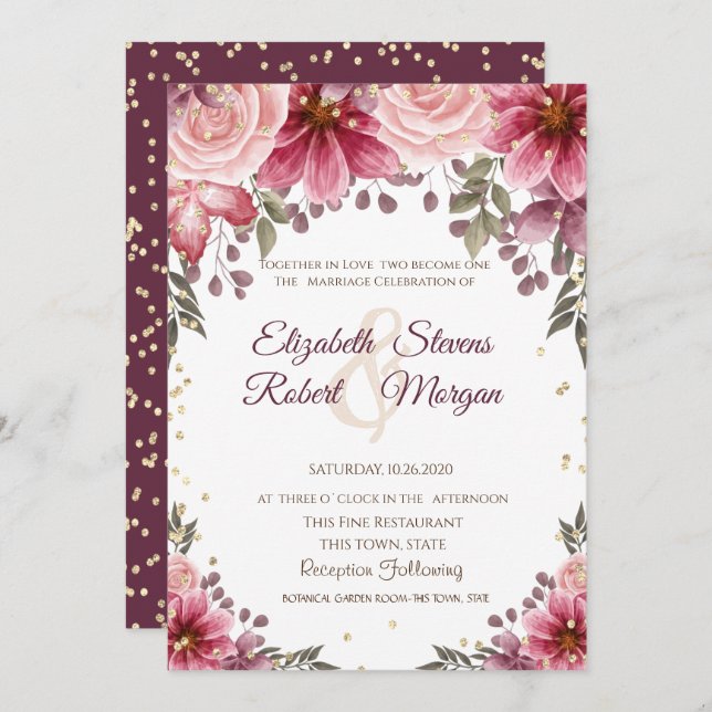 Gold Diamonds Floral Burgundy Wedding Invitation (Front/Back)