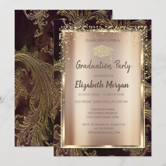 Gold Diamonds Floral Damask Graduation  Invitation (Front/Back)