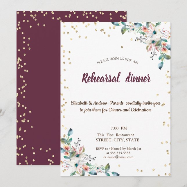 Gold Diamonds Flowers Burgundy Rehearsal Dinner Invitation (Front/Back)