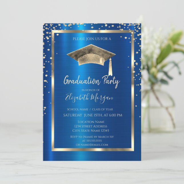 Gold Diamonds,Frame,Graduation Cap Royal Blue Invitation (Standing Front)