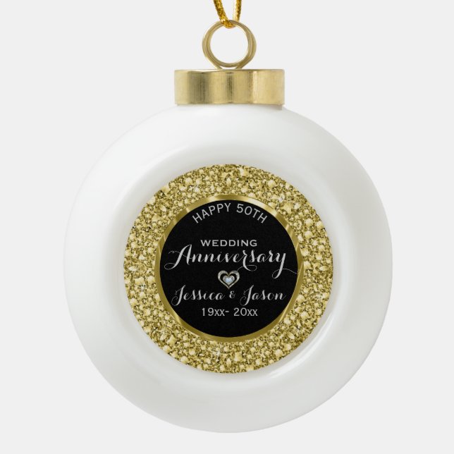 Gold Diamonds Glitter 50th Anniversary Ceramic Ball Christmas Ornament (Front)
