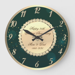 Gold Diamonds Green  25th Wedding Anniversary Large Clock