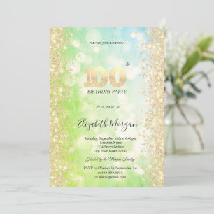 Gold Diamonds Green Blue Bokeh 100th Birthday Invitation