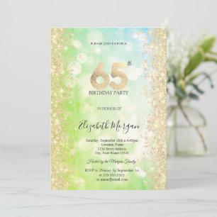 Gold Diamonds Green Blue Bokeh 65th Birthday Invitation
