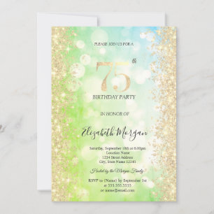 Gold Diamonds Green Blue Bokeh 75th Birthday Invitation