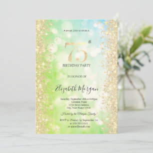 Gold Diamonds Green Blue Bokeh 75th Birthday Invitation