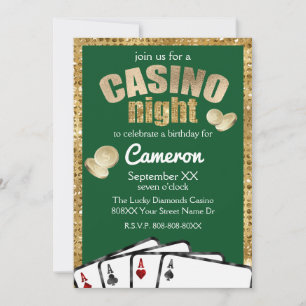 Gold Diamonds Green Casino Night Party Invitation