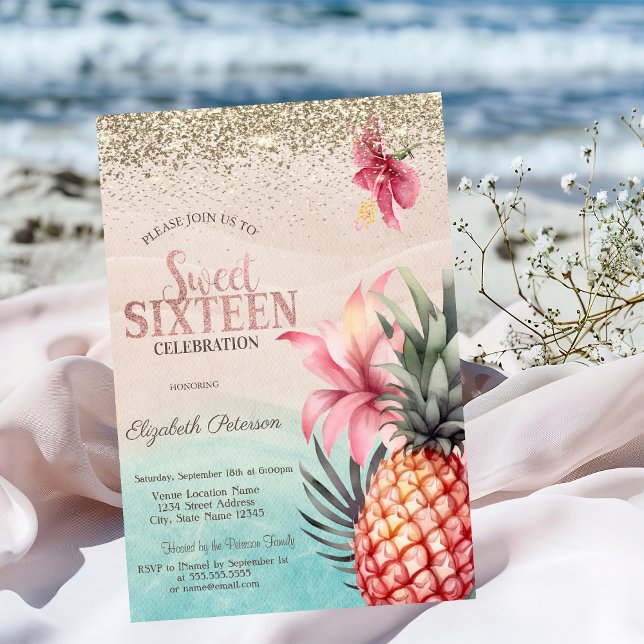 Gold Diamonds,Hibiscus Pineapple Beach Sweet 16 Invitation (Creator Uploaded)