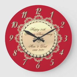 Gold Diamonds Ornaments Red Wedding Anniversary Large Clock