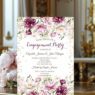 Gold Diamonds Pink Flowers Engagement Invitation