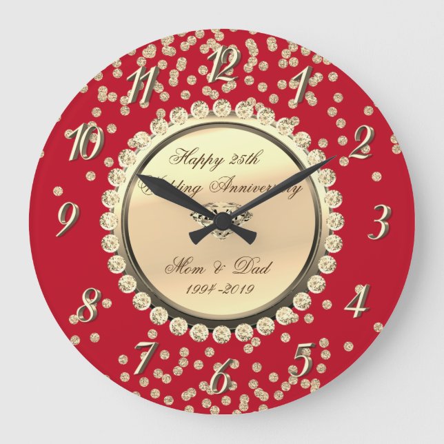 Gold Diamonds Red 25th Wedding Anniversary Large Clock (Front)