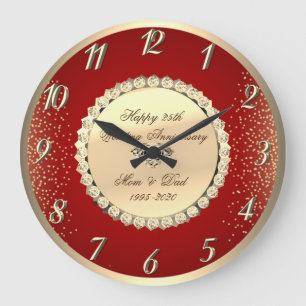 Gold Diamonds Red 25th Wedding Anniversary Large Clock