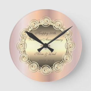 Gold Diamonds Rose Gold  50th Wedding Anniversary Round Clock