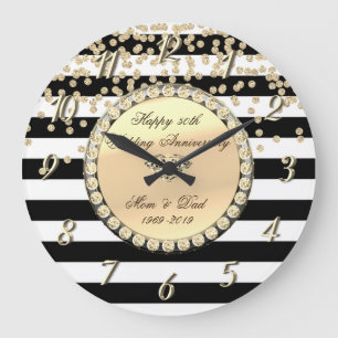 Gold Diamonds,Stripes  25th Wedding Anniversary Large Clock