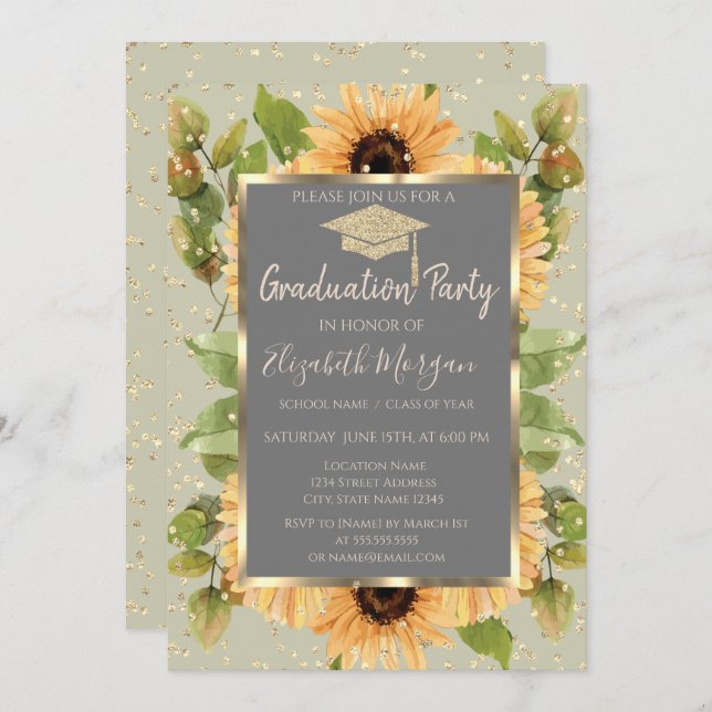  Gold Diamonds Sunflowers Graduation Invitation (Front/Back)