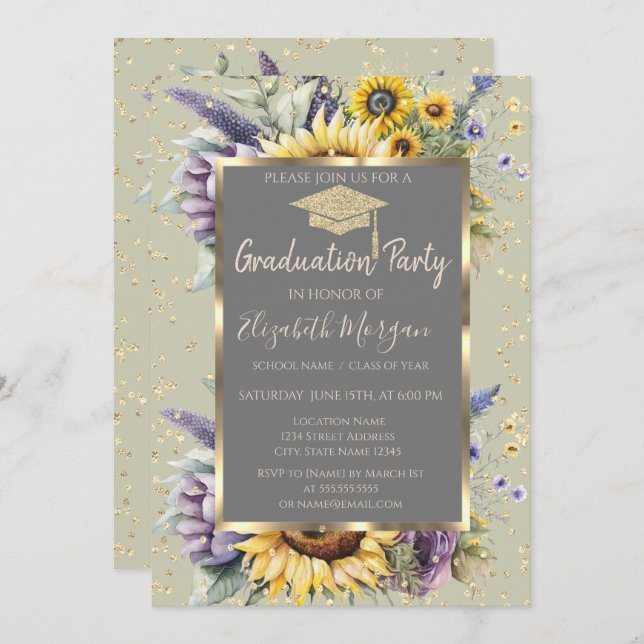 Gold Diamonds Sunflowers Violet Flowers Graduation Invitation (Front/Back)