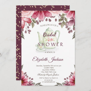 Gold Diamonds Teapot Floral Burgundy Bridal Shower Invitation