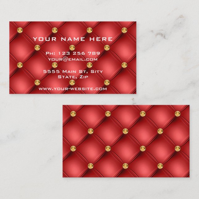 Gold Diamonds Tufted Leather Red Business Card (Front/Back)