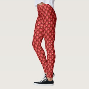 Gold Diamonds Tufted Leather Red Leggings