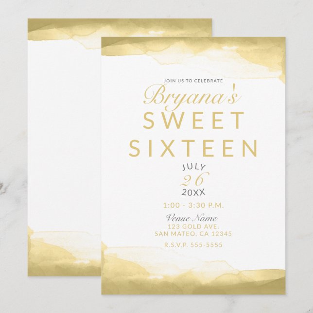 Gold Dijon Mustard Watercolor Modern Chic Sweet 16 Invitation (Front/Back)