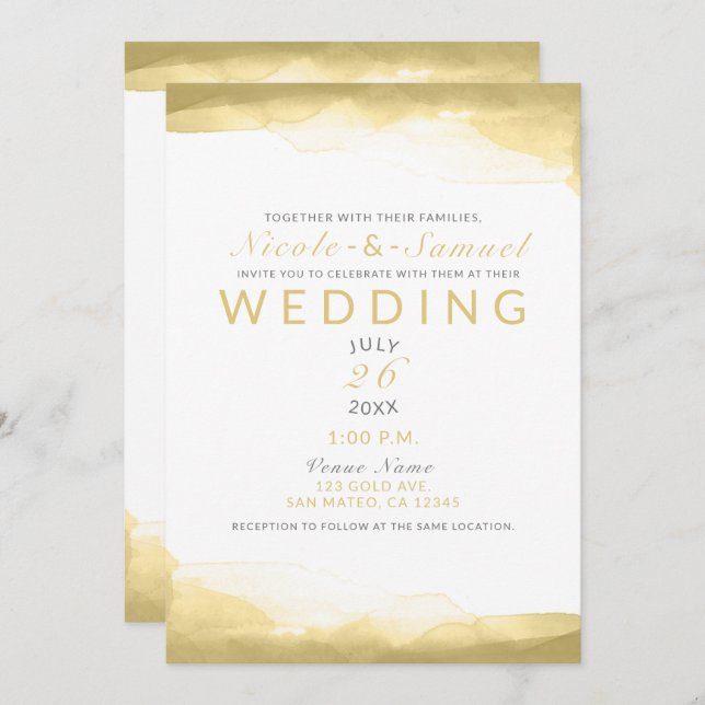 Gold Dijon Mustard Watercolor Modern Chic Wedding Invitation (Front/Back)