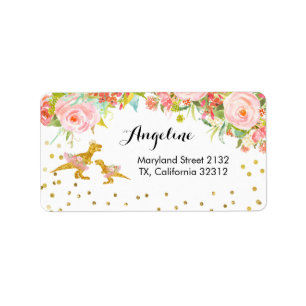 Gold Dino and Pink Flower Address Label