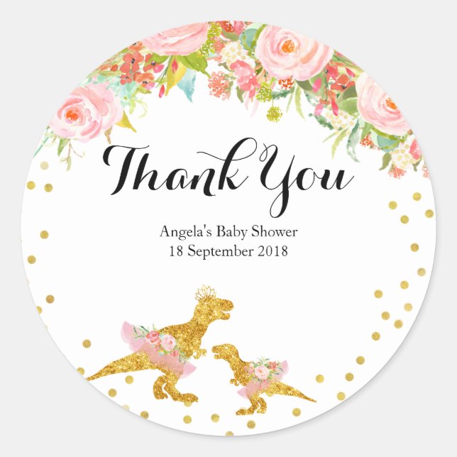 Gold Dino Pink Flower Thank You Sticker (Front)