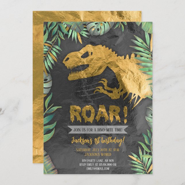 Gold Dinosaur Roar Birthday Invitation (Front/Back)