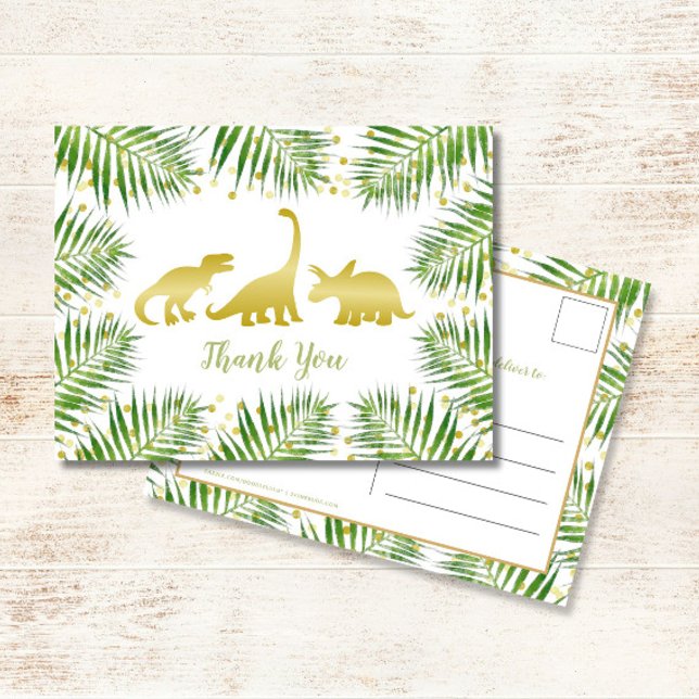 Gold Dinosaur Tropical Baby Shower Thank You Postcard (Creator Uploaded)