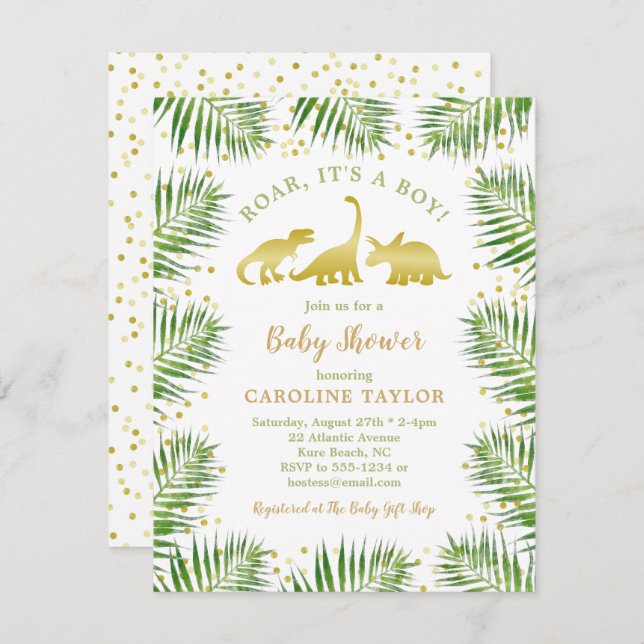Gold Dinosaur Tropical Greenery Baby Shower Invita Invitation (Front/Back)