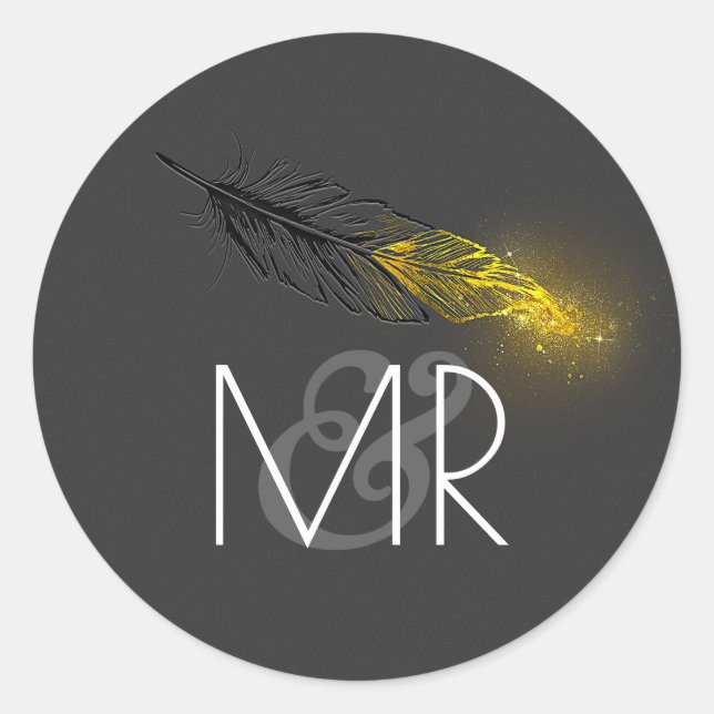 Gold Dipped Feather Glitter Black Wedding Classic Round Sticker (Front)